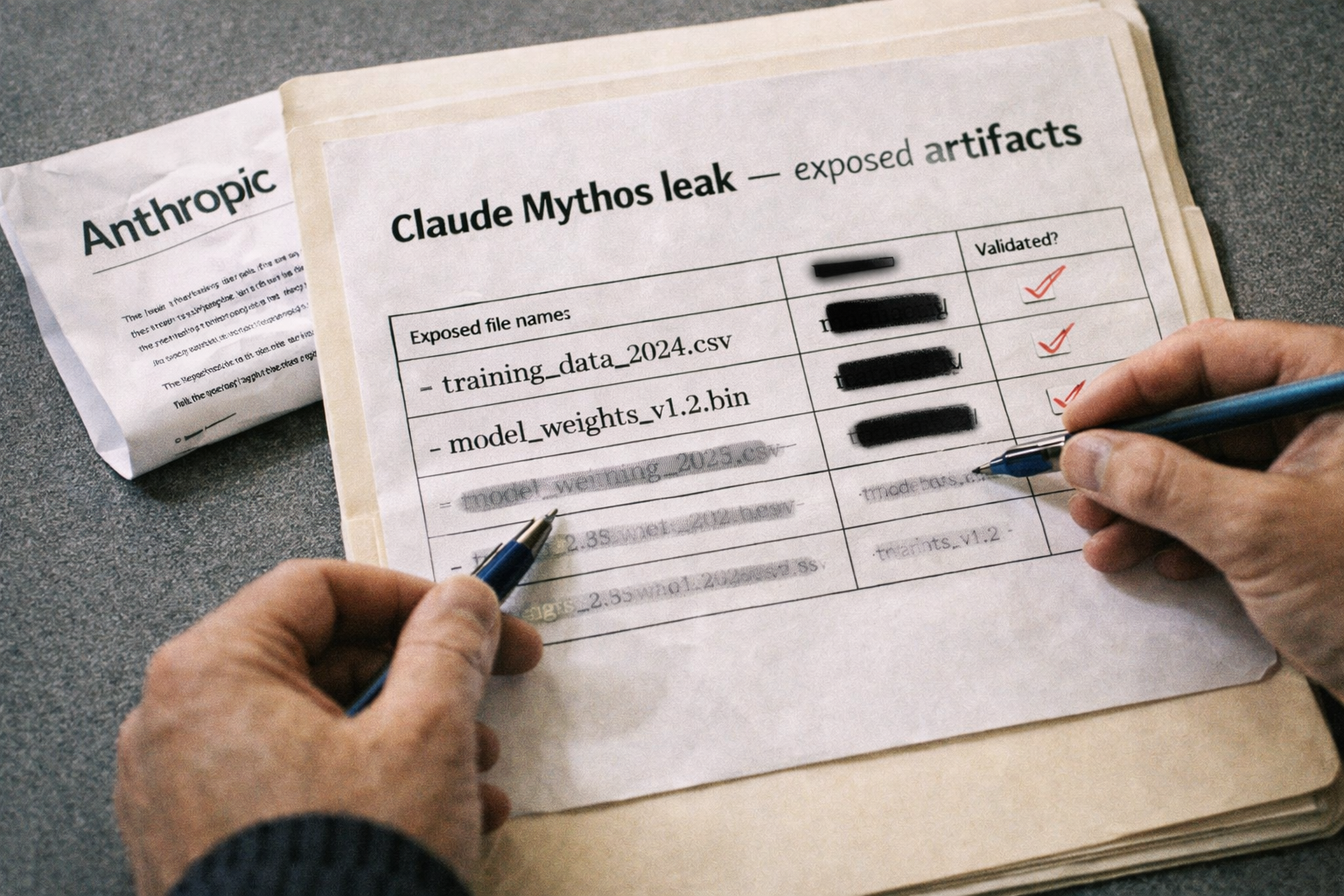 Close-up of an evidence folder labeled 'Claude Mythos leak' with file names and hash-check notes, Anthropic press note nearby, hands verifying details.