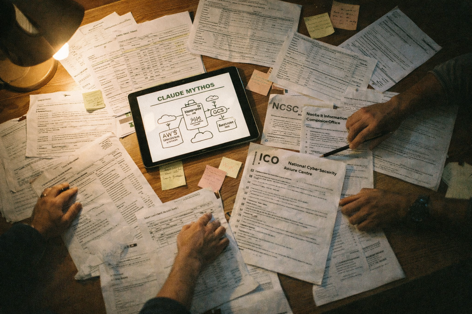 Top-down view of a conference table with sheets listing exposed datasets, 'Claude Mythos' model diagram on a tablet, and UK compliance checklists, hands reaching in.