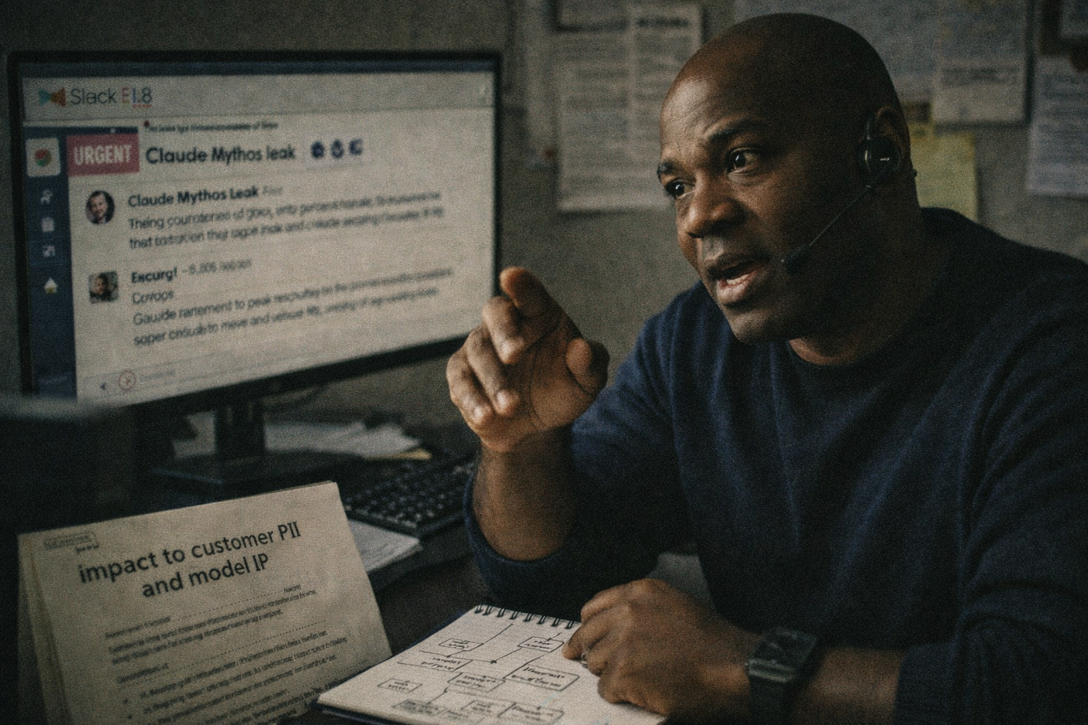 Eye-level portrait of a UK CISO on a video call with Slack thread and risk assessment about the 'Claude Mythos leak' visible, dramatic side-lighting.