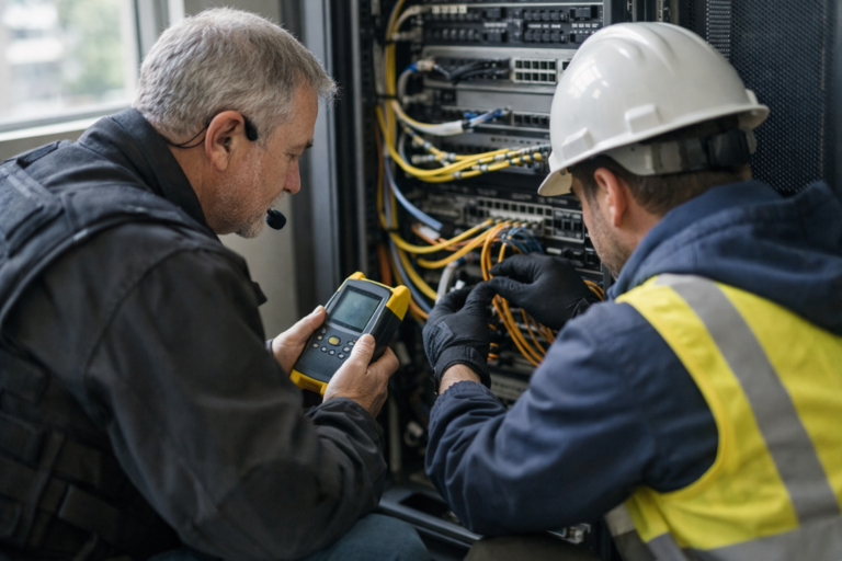 Two specialists inspecting hardware, illustrating a cyber security team at work