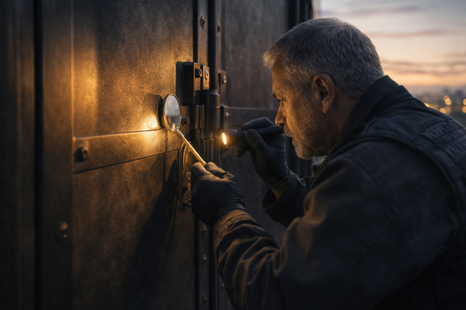 Locksmith inspecting a reinforced gate, metaphor for a cyber security team definition