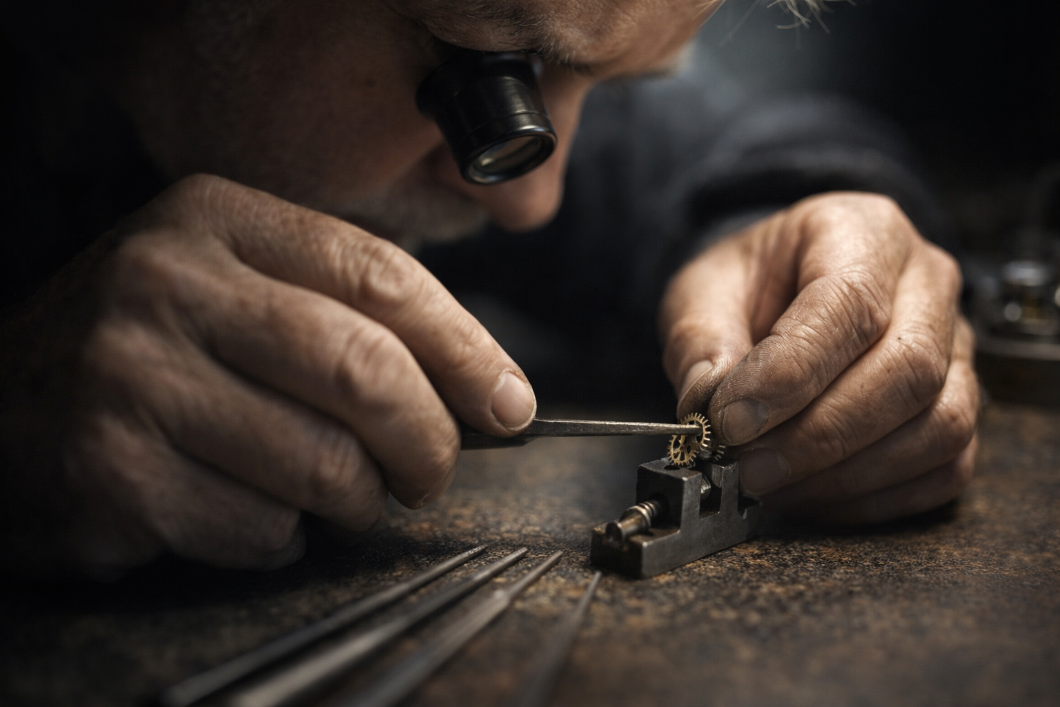 Close-up of a watchmaker inspecting gear teeth, showing how a cyber security team operates