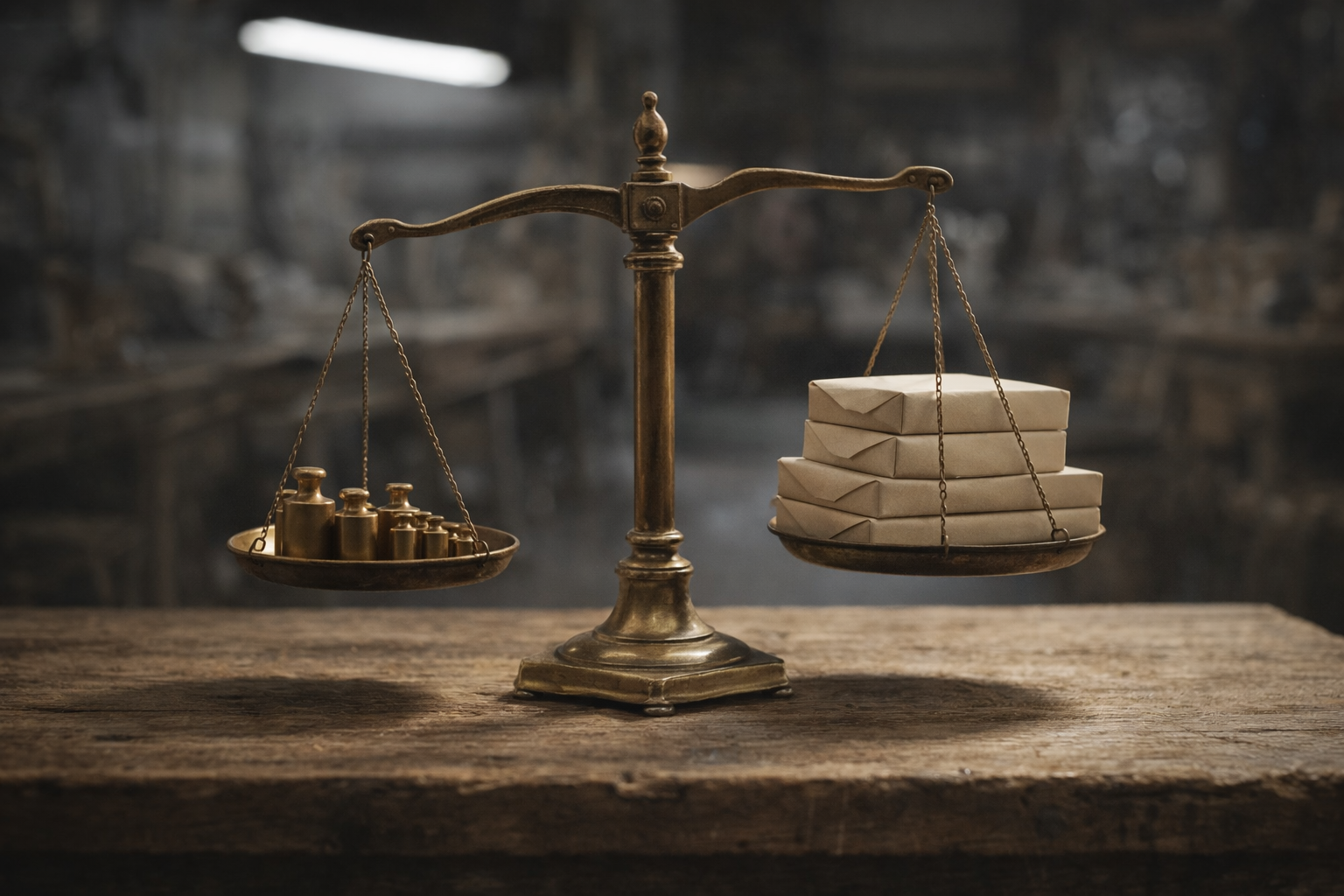 Antique balance scale with weights, metaphor for cyber security team costs and tradeoffs