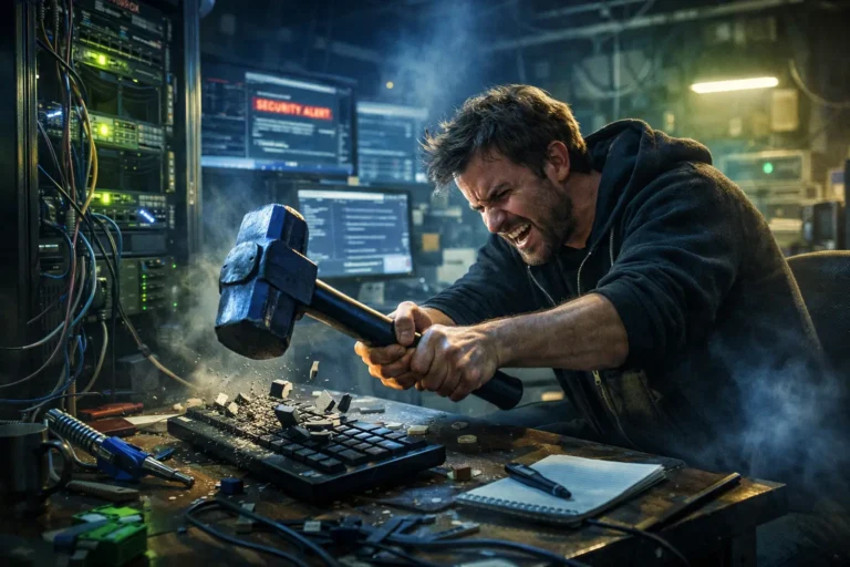 Cybersecurity engineer investigates compromised server in dimly lit operations room, blue and green light reflecting off equi