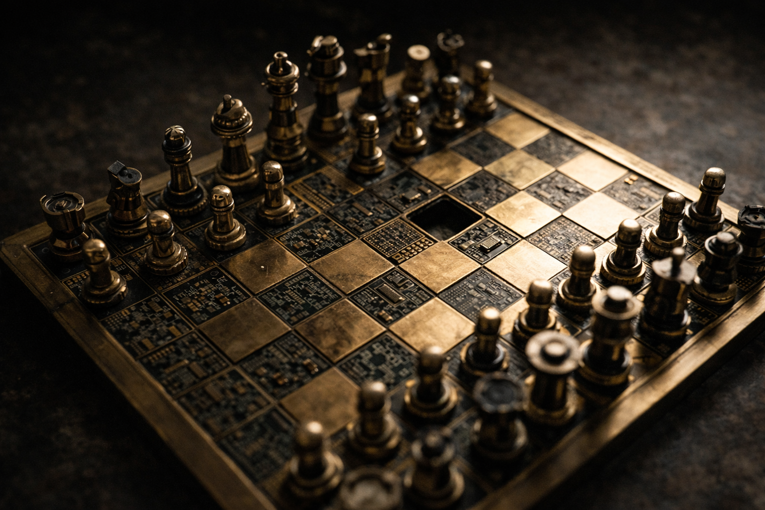 Top-down view of a chessboard made from brass and circuit patterns, pieces arranged around an empty square