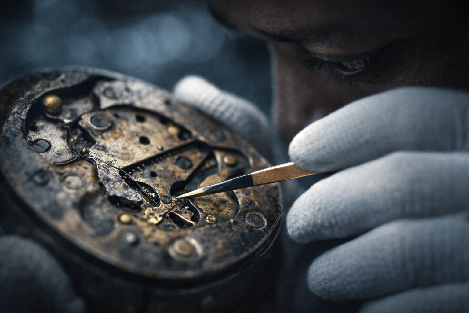 Macro view of gloved hands revealing hidden fractures inside an ornate lock, delicate tools and layered metal visible