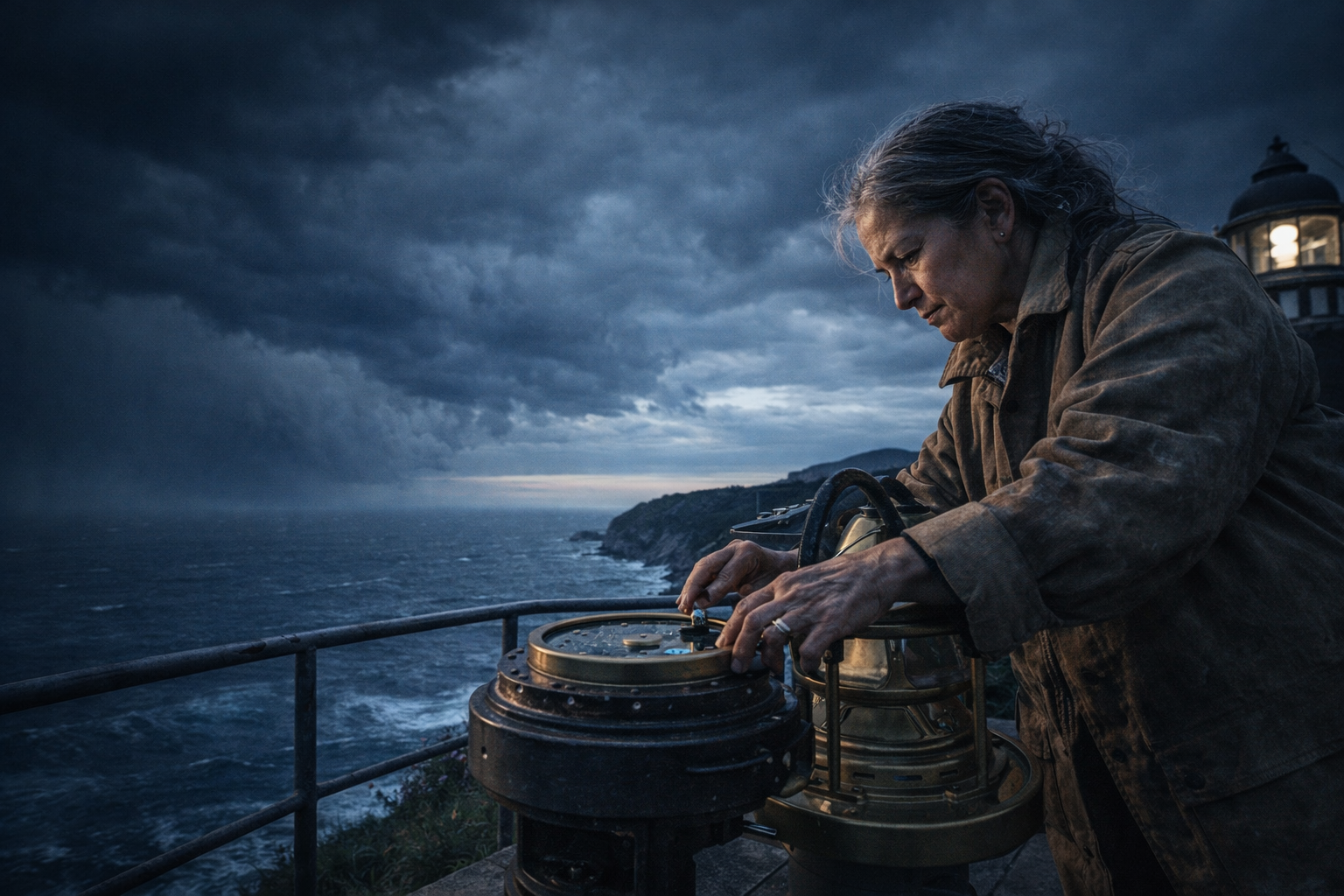 Lighthouse keeper calibrating brass instruments against a stormy sea at blue-hour, keeper off-centre