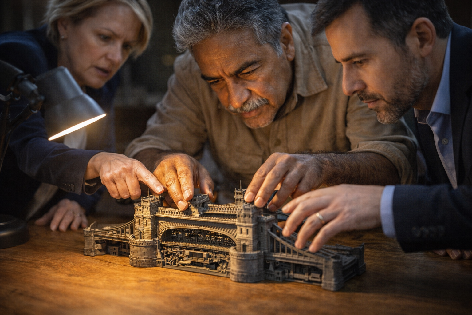 Risk auditor showing a mechanical bridge model to two executives, hands and model emphasized under warm desk light