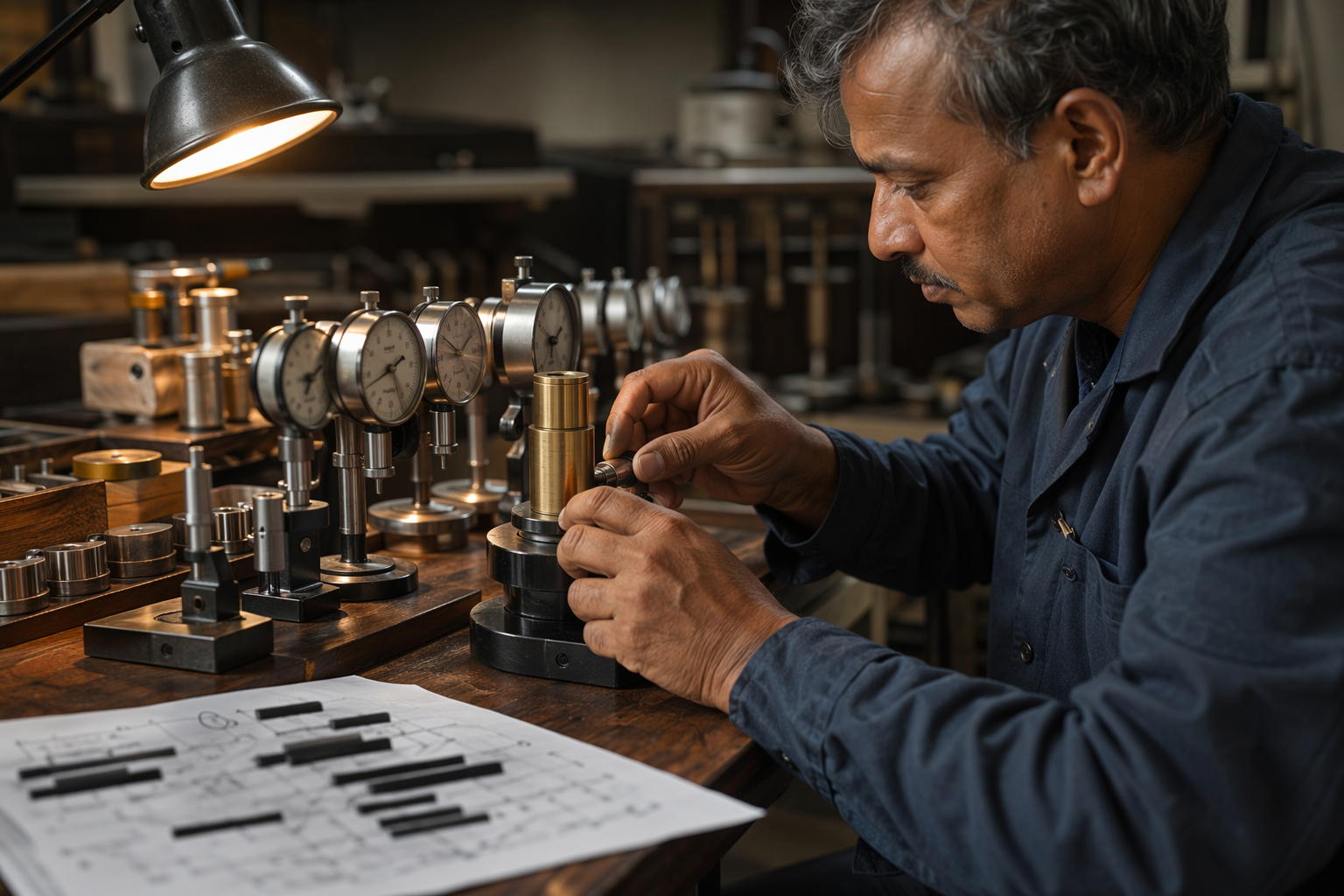 Technician calibrating micrometer instruments for security risk management metrics