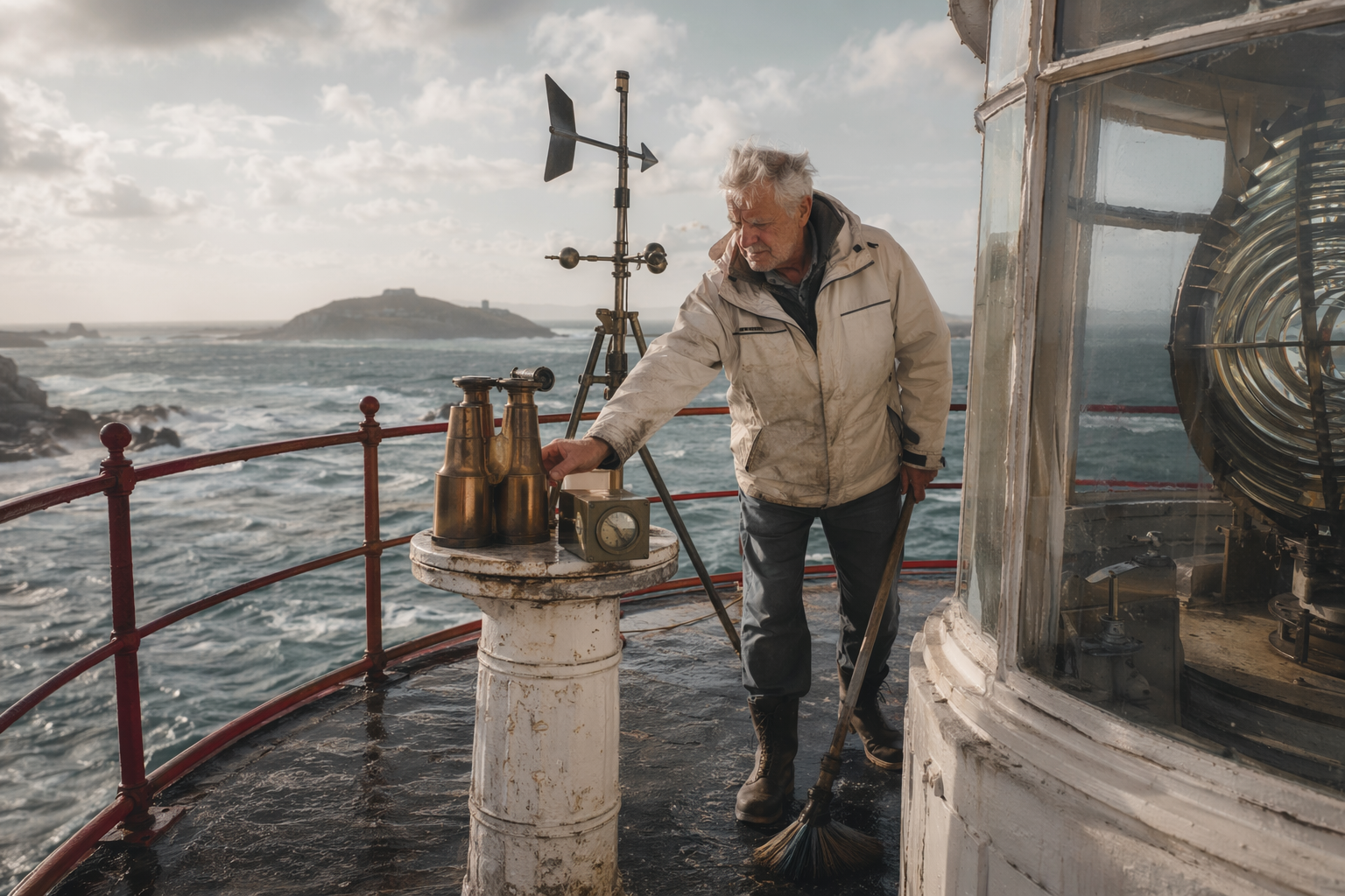 Lighthouse keeper preparing instruments to illustrate vigilant security risk management