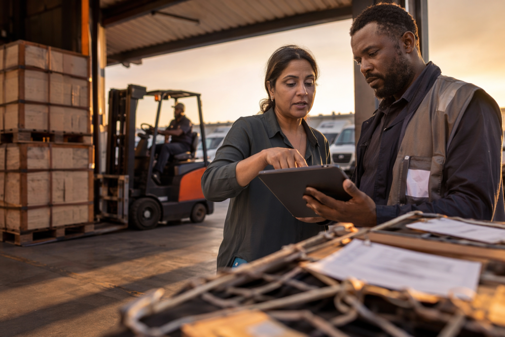 Logistics team coordinating freight routing for vulnerability testing workflow