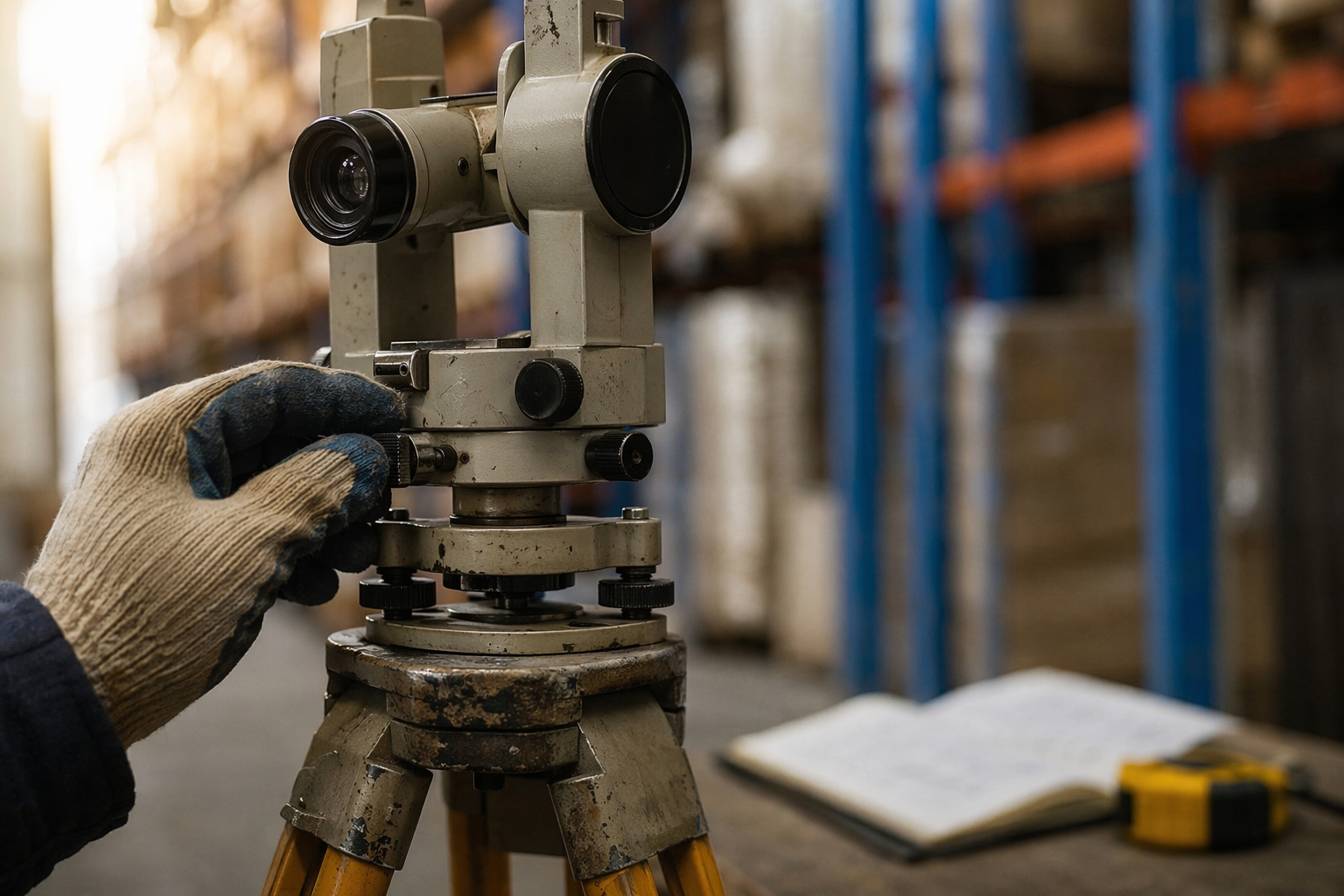 Close-up survey theodolite measuring rack dimensions for vulnerability testing metaphor