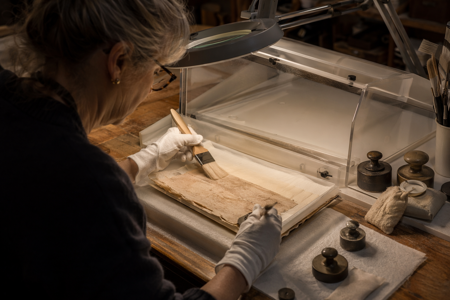 Conservator preparing fragile shipping documents before testing procedures