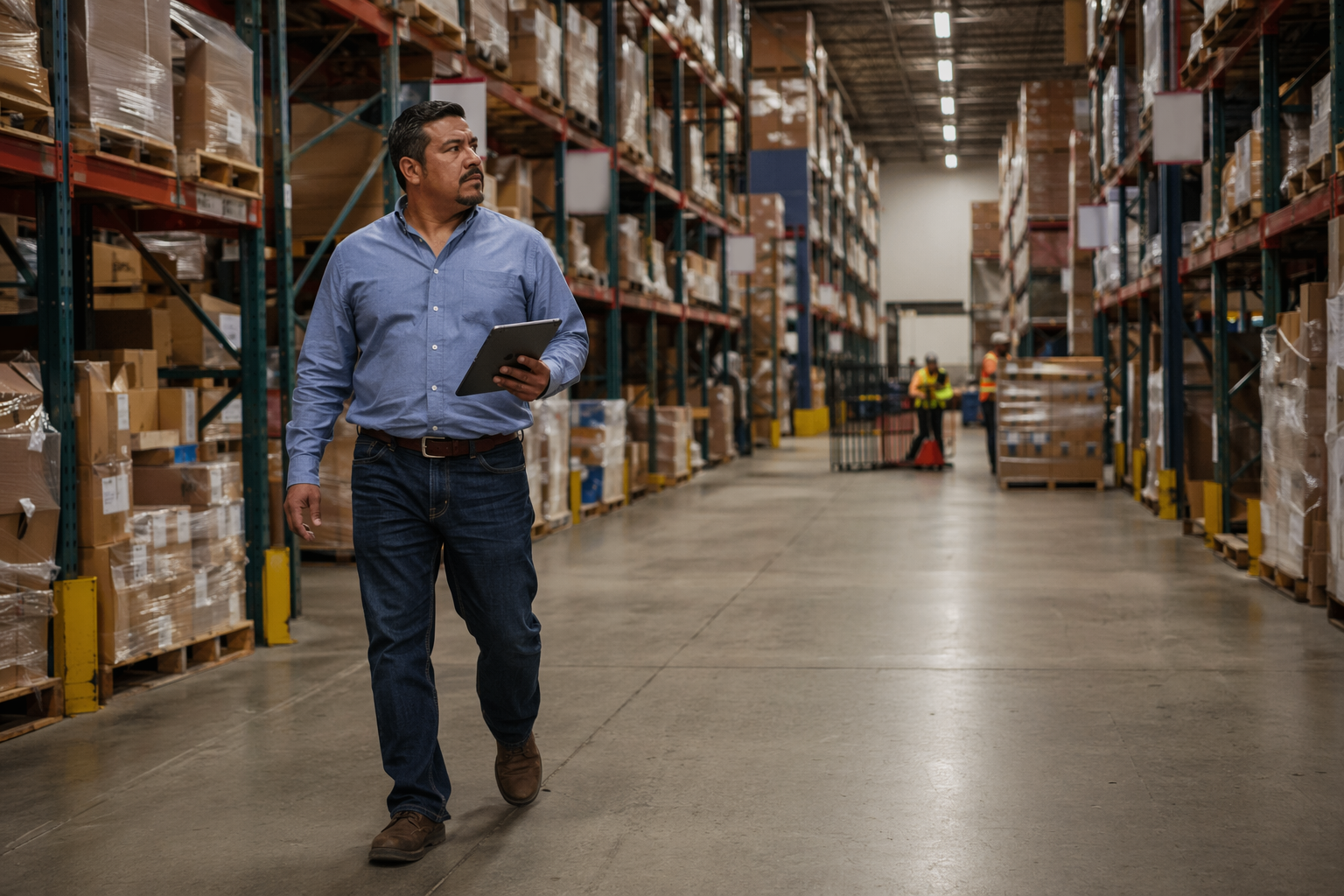Warehouse aisle showing routing and dispatch priorities for vulnerability testing planning