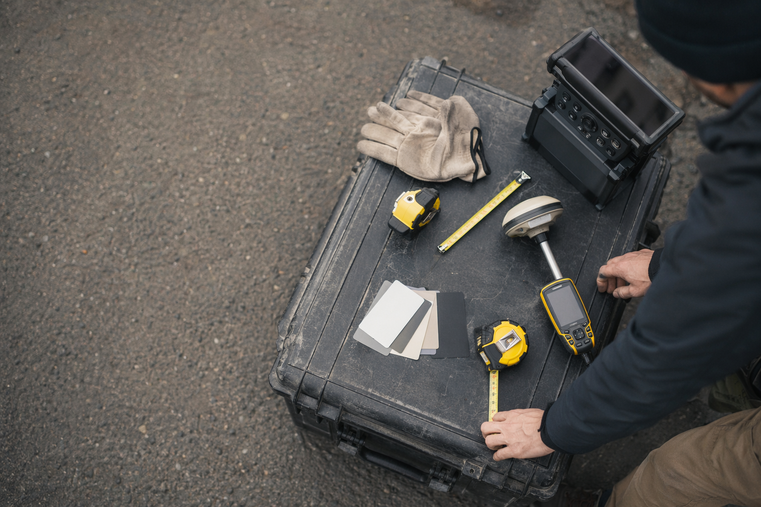 Survey equipment laid out for field measurement and vulnerability testing preparation