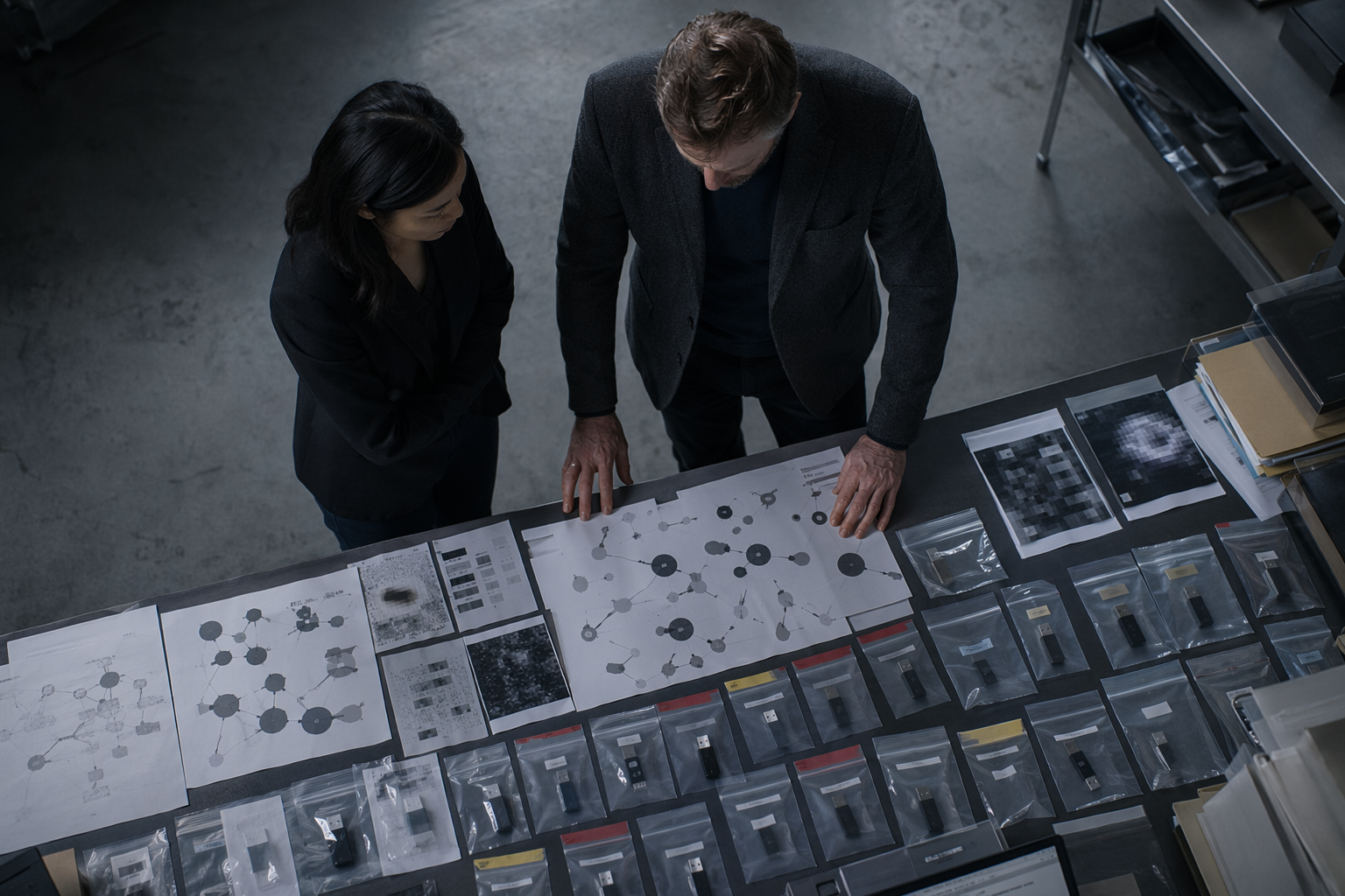 Forensic threat analyst comparing anonymised intelligence artifacts in a lab