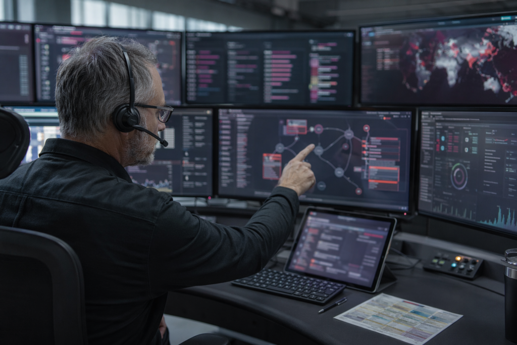 SOC analyst reviewing dashboards illustrating cyber security penetration tester environment