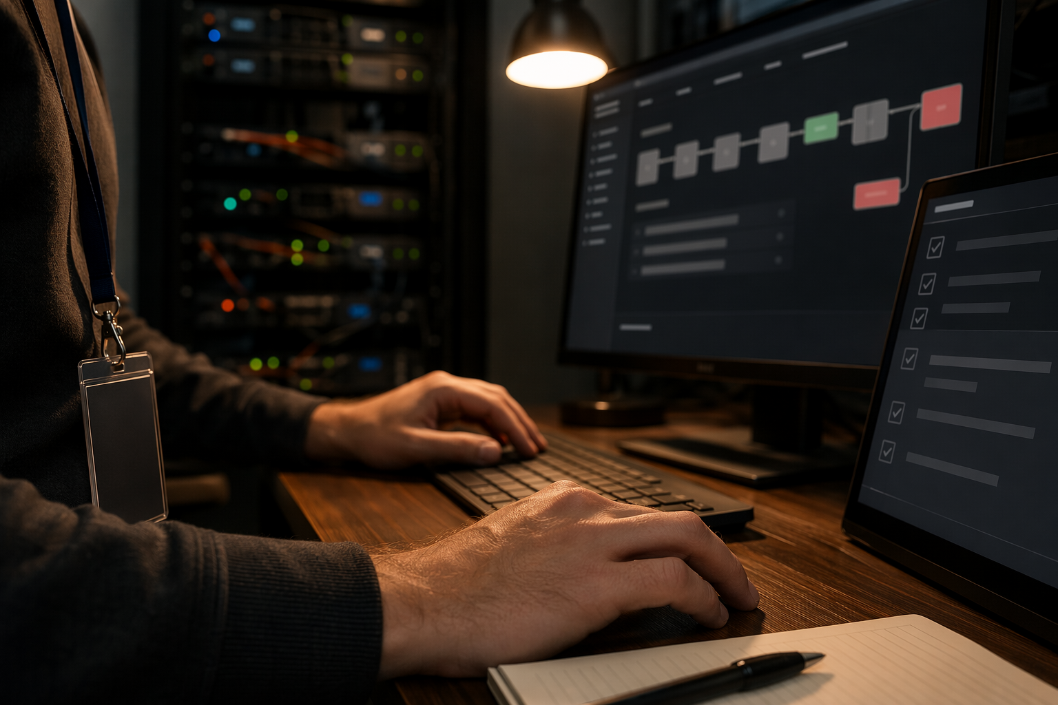 Developer hands operating CI/CD security scanner showing cyber security penetration tester workflow