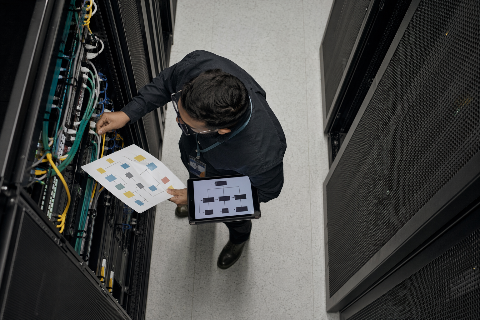 Network engineer examining server rack, relating current IT work to cyber security penetration tester skills
