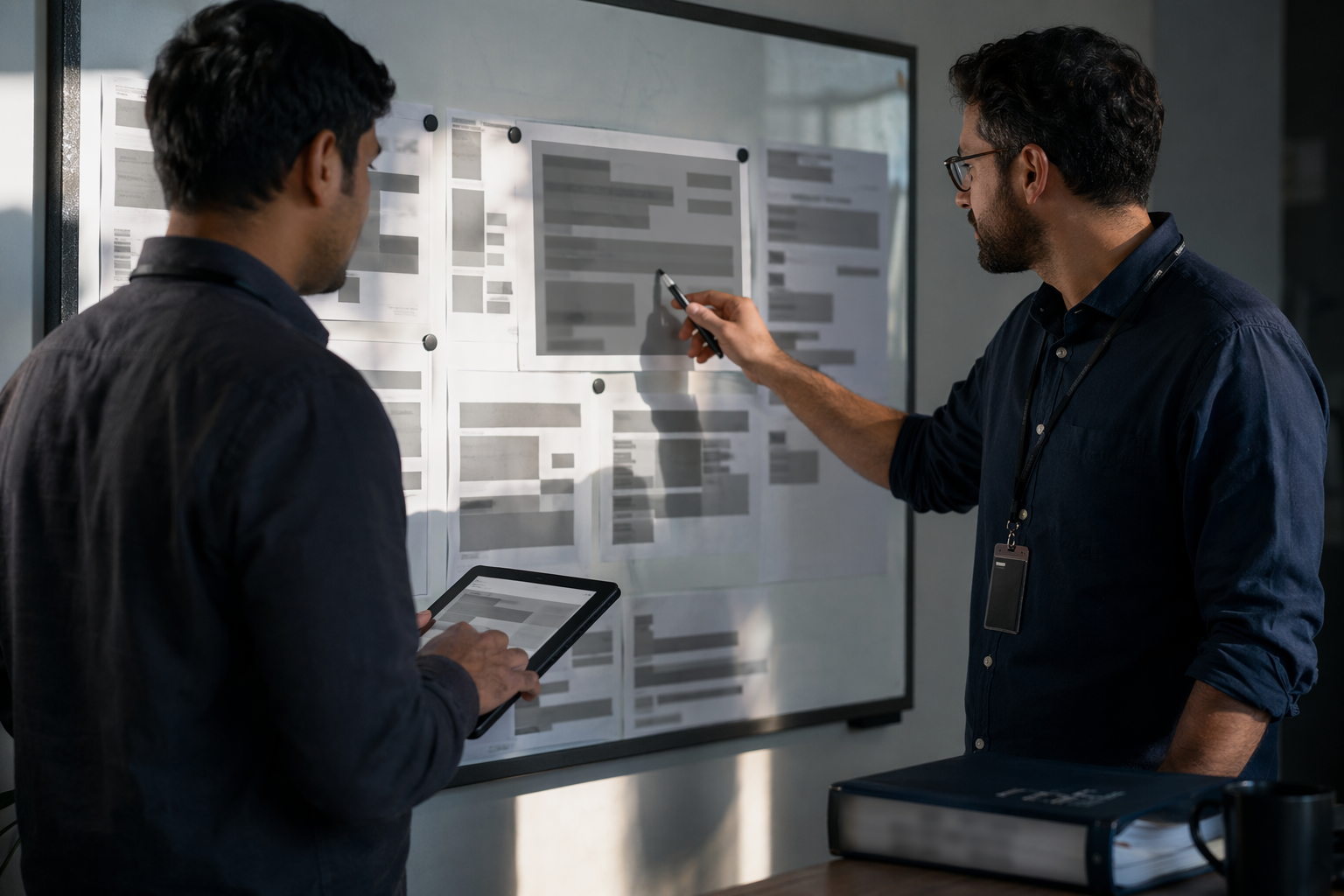 Two application security engineers collaborate over blurred SIEM output and redacted flow diagram