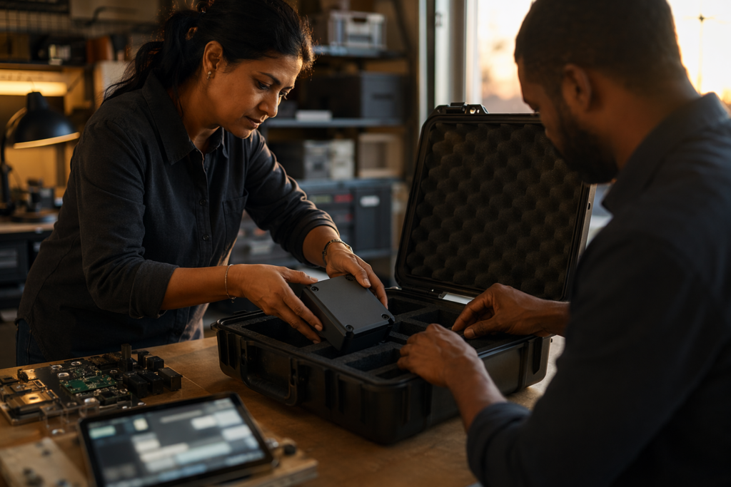 Engineer placing encrypted backup module into secure box, cyber risk assessment template