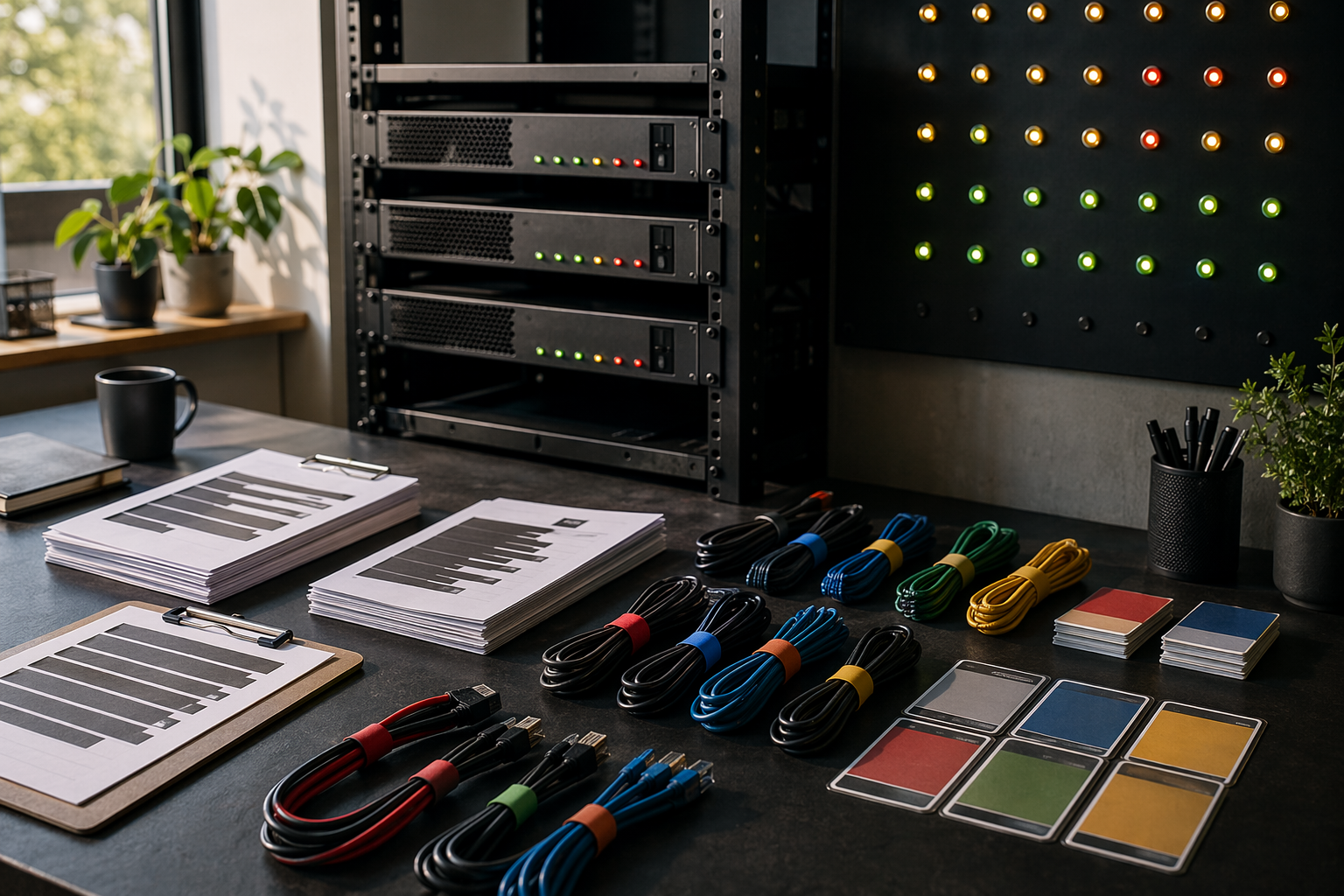 Prepared monitoring bench with dashboards blurred, cyber risk assessment template setup