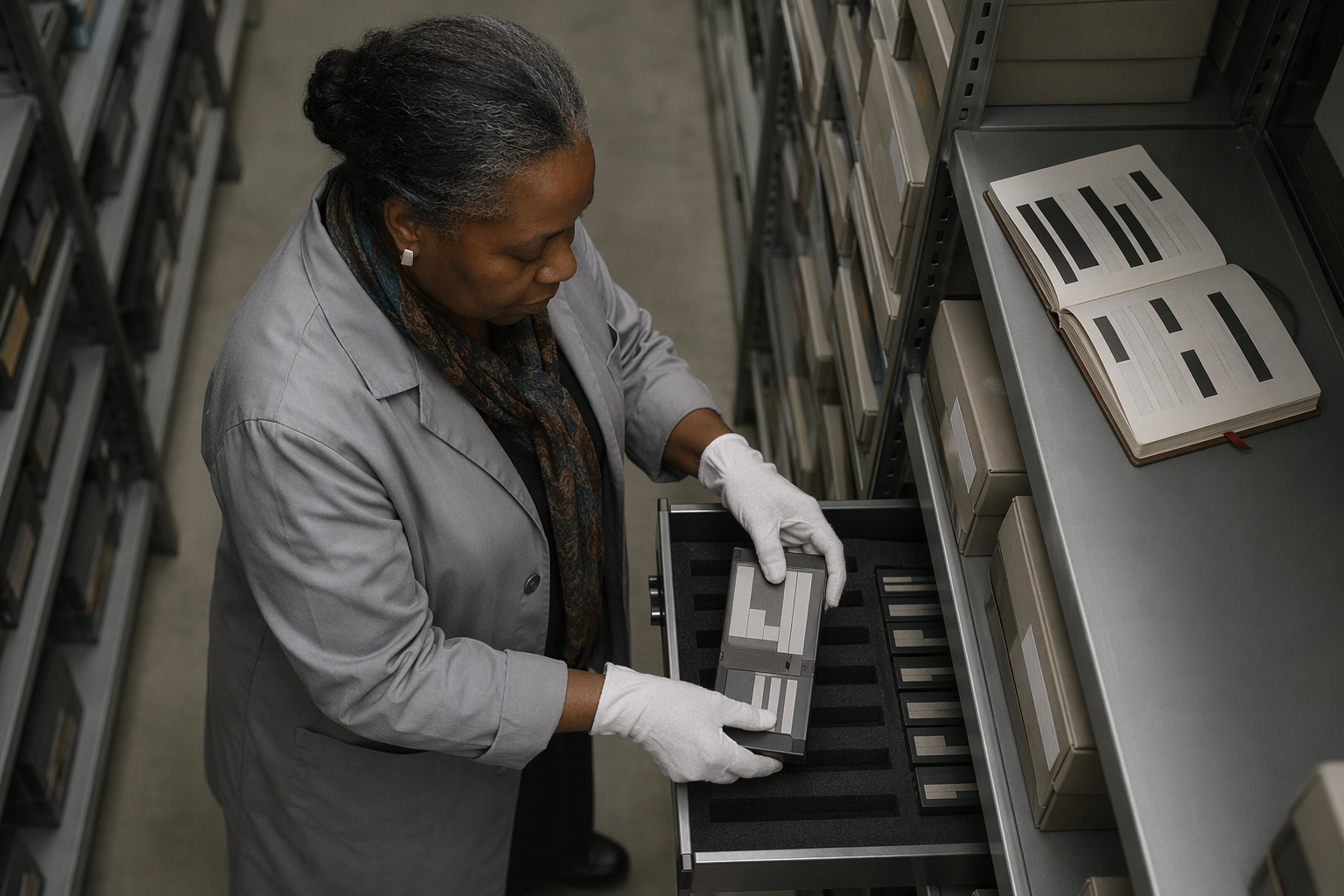 Archive conservator cataloguing encrypted storage tapes, risk assessment context