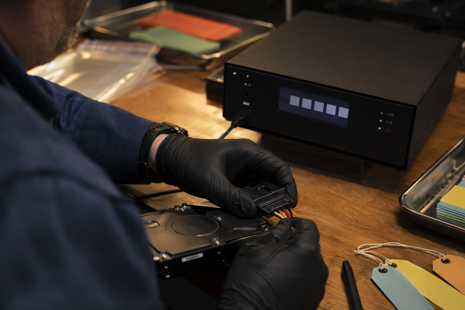 Forensic disk imaging setup showing write-blocker and drive, managed SOC as a service