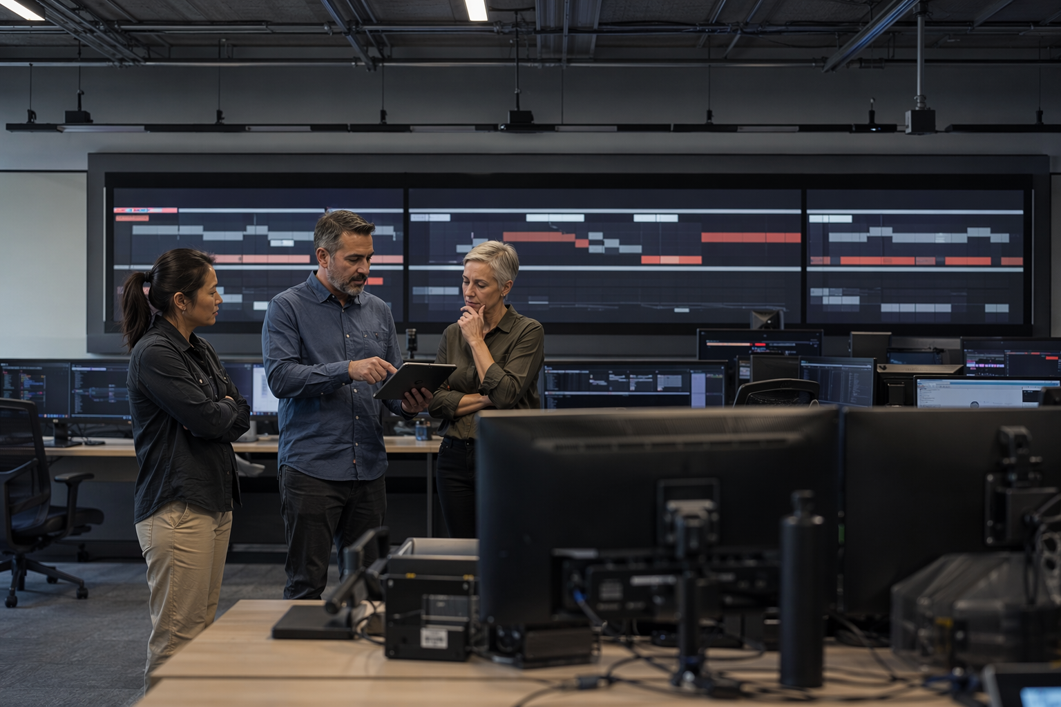 Managed SOC as a service monitoring room with analysts and dashboards