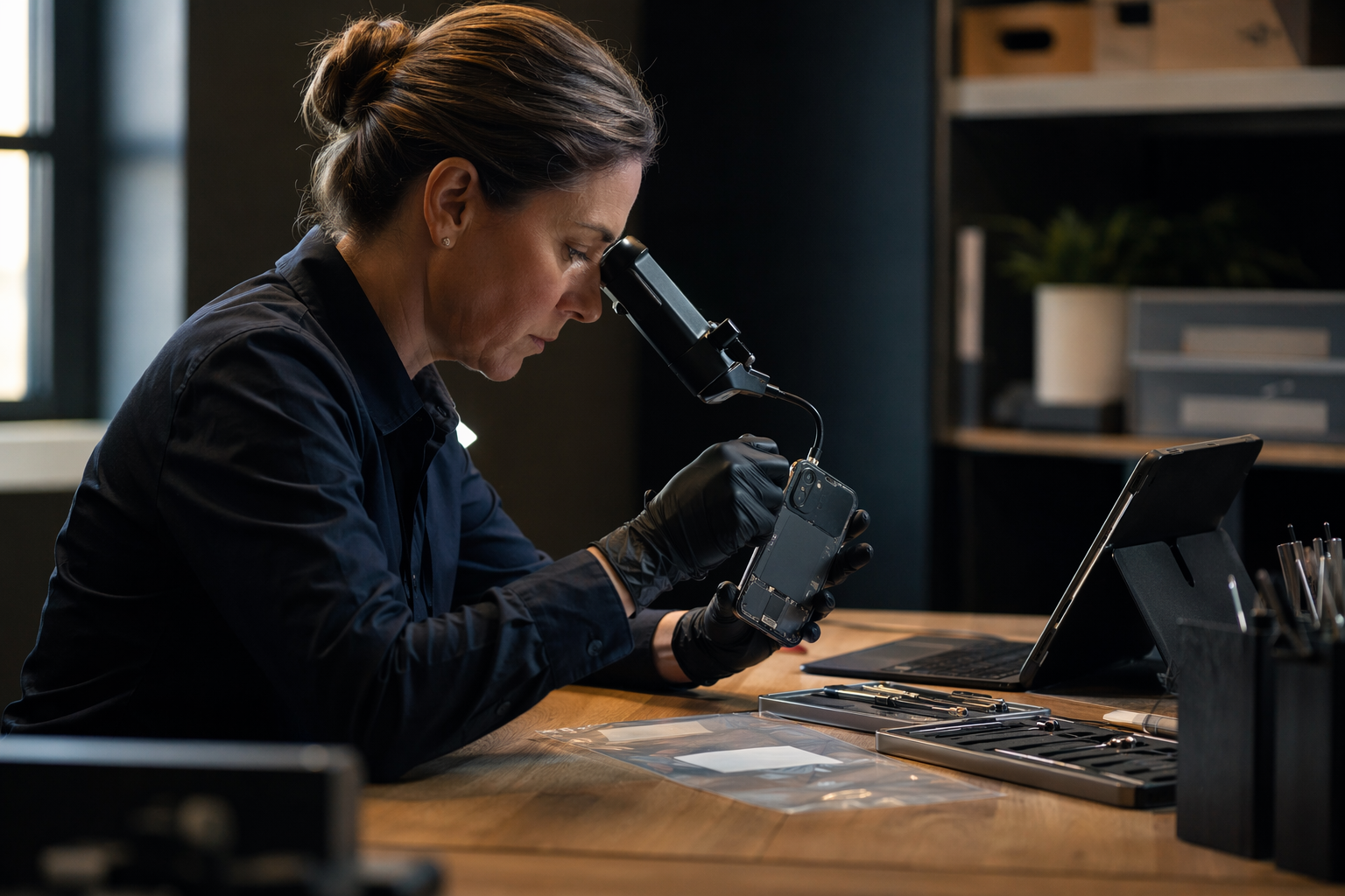 Forensic examiner inspecting mobile device, illustrating evidence handling