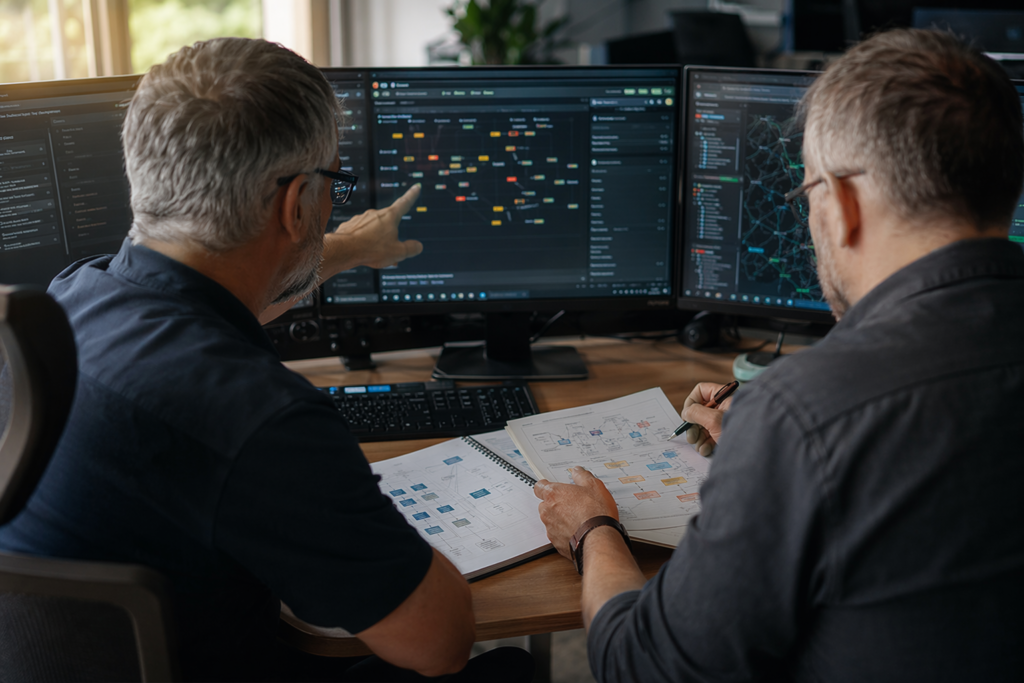 SOC analysts triaging alerts for a cyber security team in a calm SOC