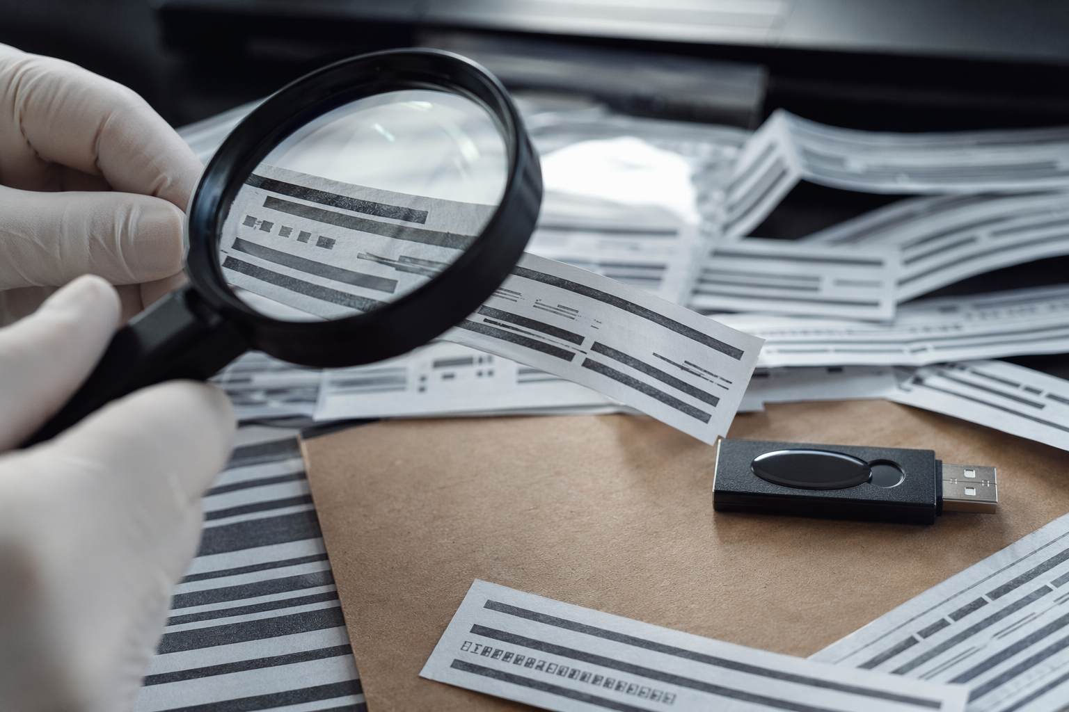 Close-up of analysis tools inspecting email metadata and headers