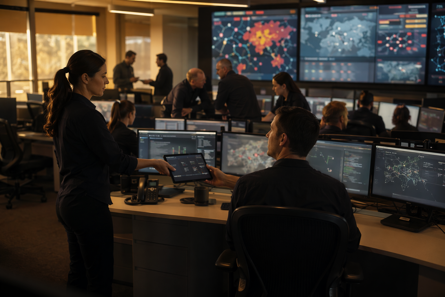 Wide SOC floor showing collaborative alert triage and monitoring