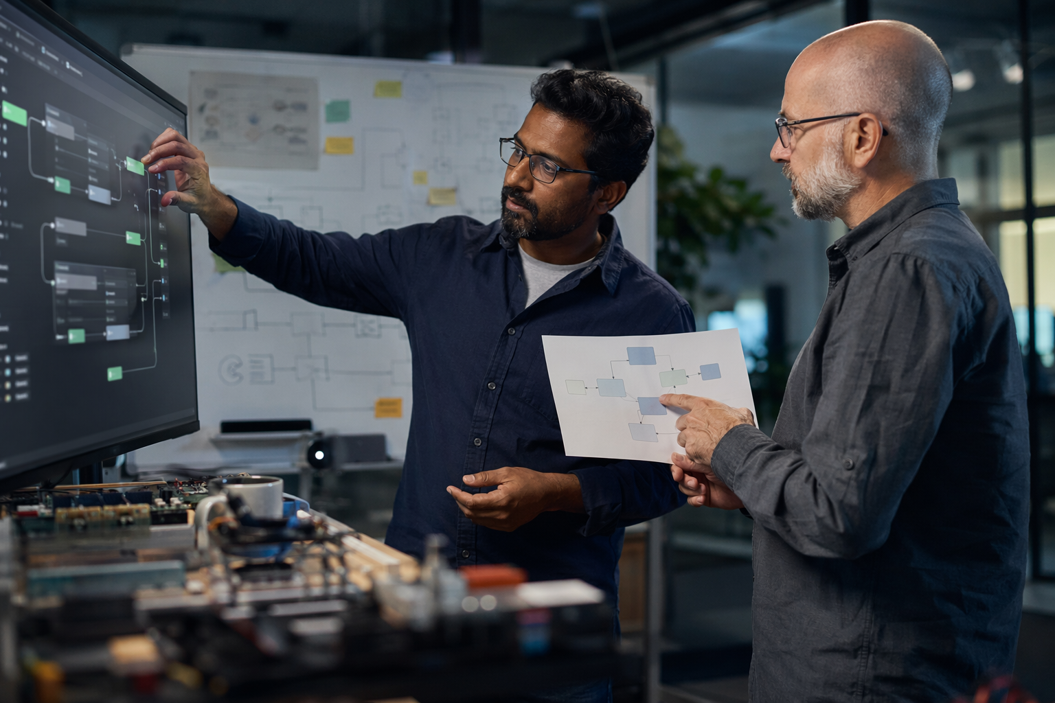 Two engineers pair-reviewing a secure CI pipeline for a cyber security team