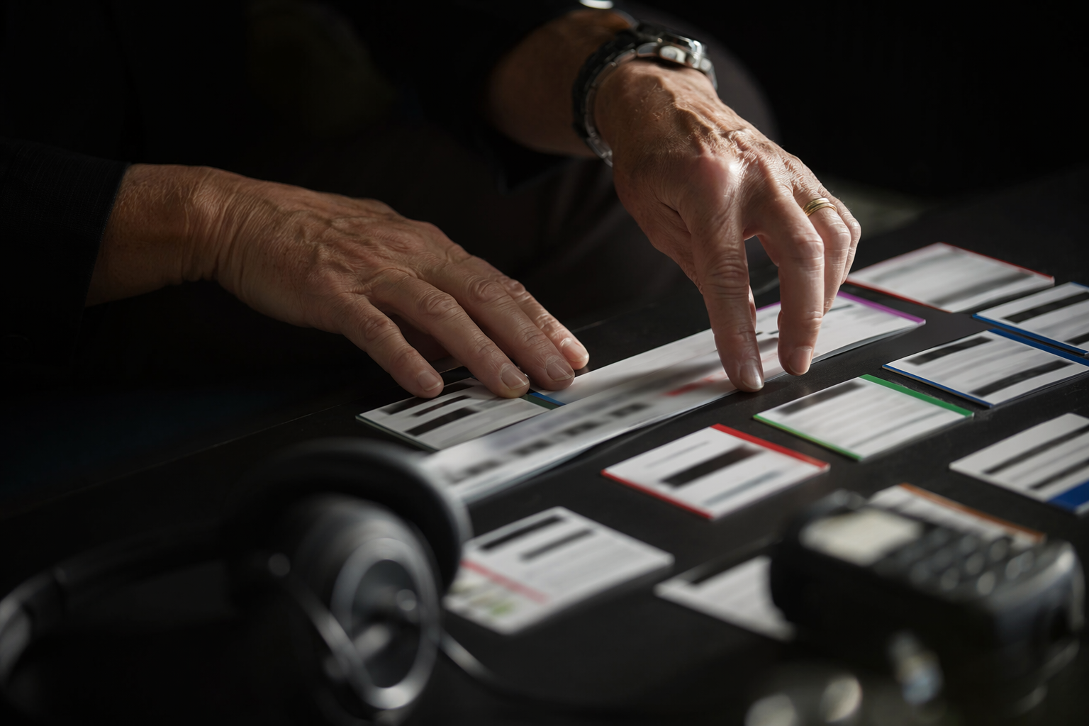 Hands sorting redacted incident response playbook cards, methodical action