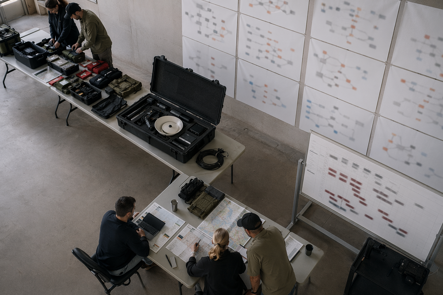 Recovery operations hub with kits and abstract dependency diagram for business continuity