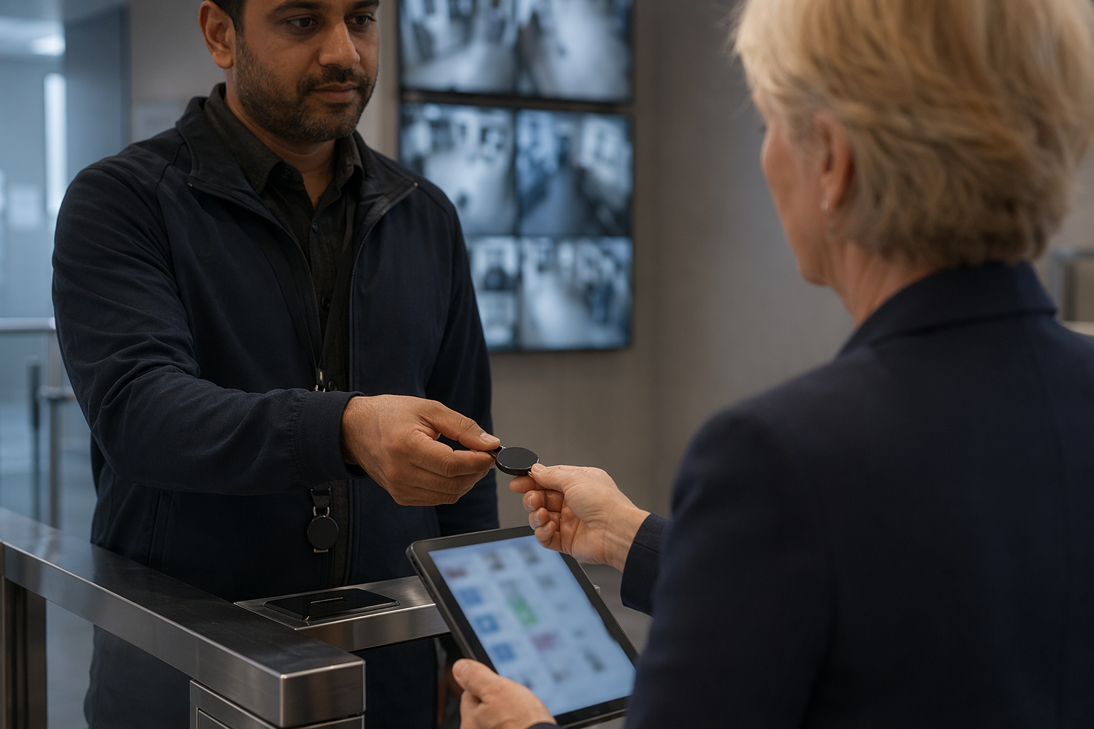 Engineers exchanging access tokens at controlled data centre entrance