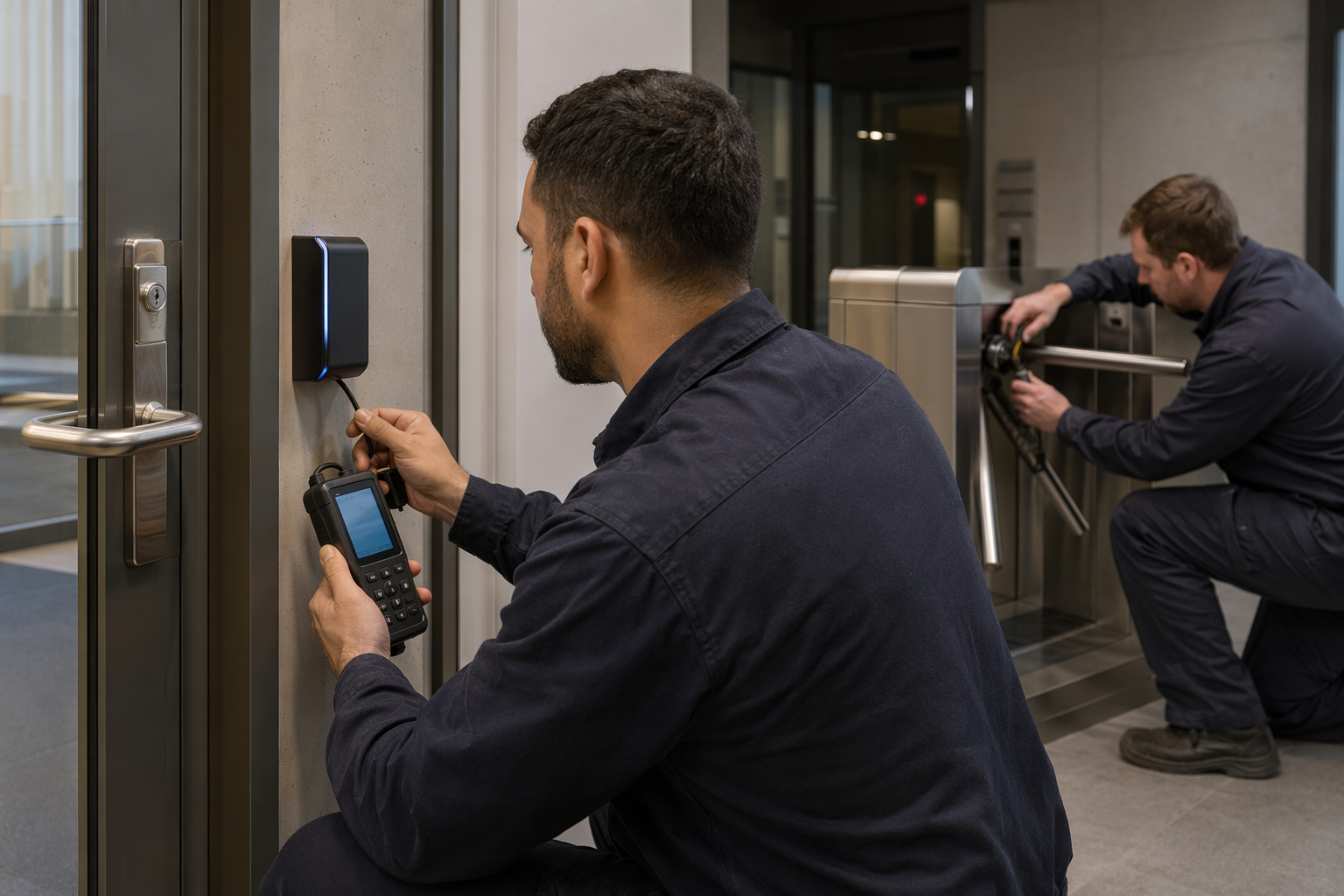 Access control engineer calibrating CNI badge reader in physical security