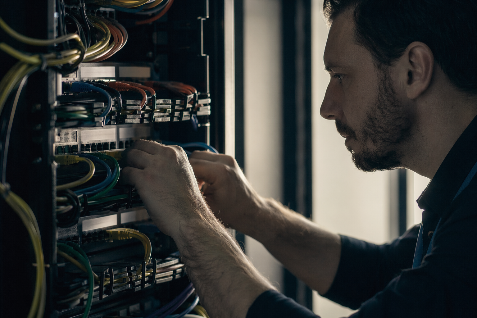 Forensic analyst hands connecting patch cables in incident response