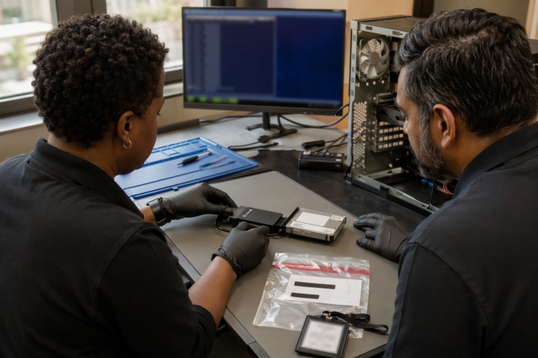 Forensic analysts performing a risk assessment for cyber security disk imaging