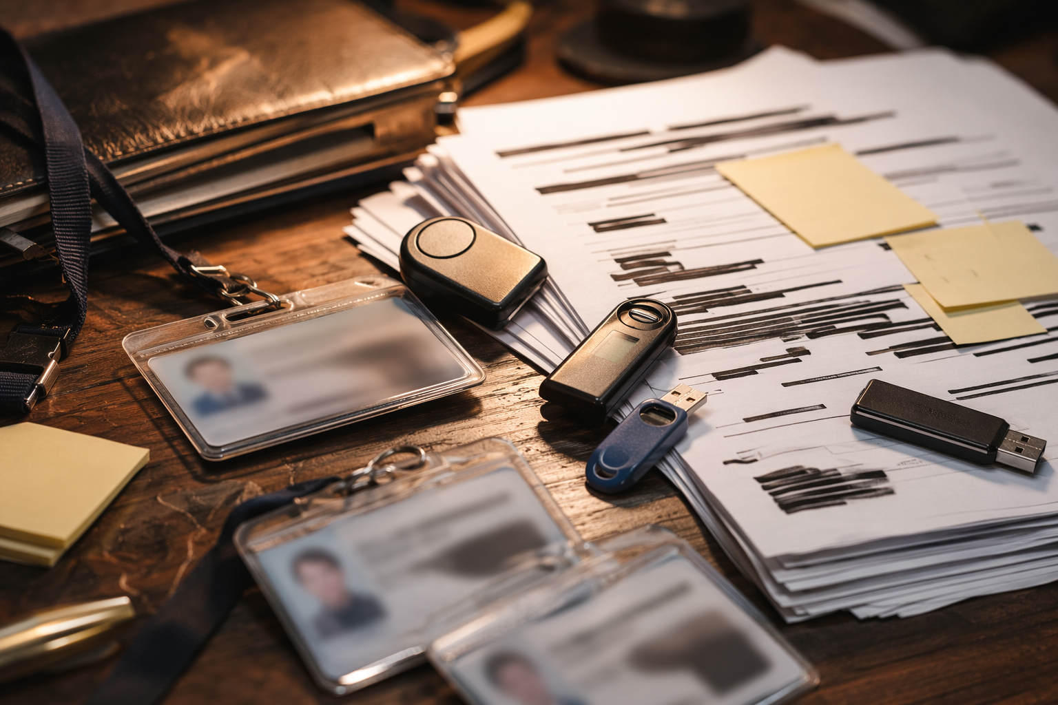 Close-up still life of access tokens and redacted audit materials for network vulnerability scanning