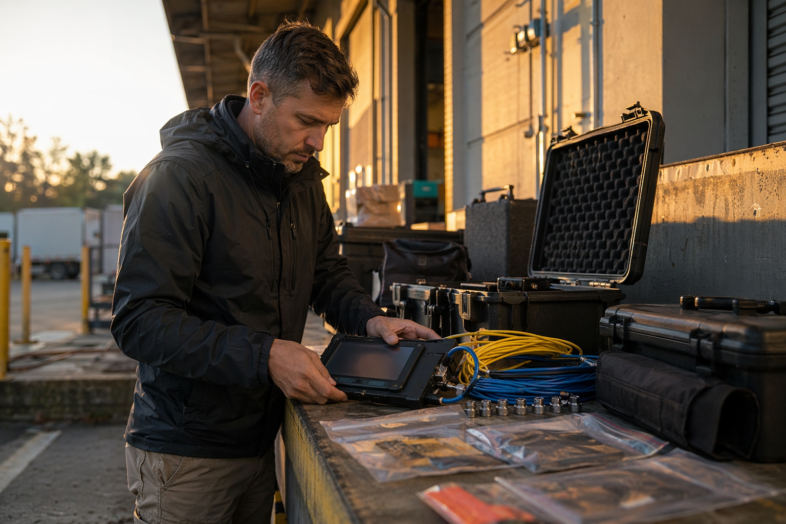 Engineer assembling portable scanning kit for network vulnerability scanning deployment