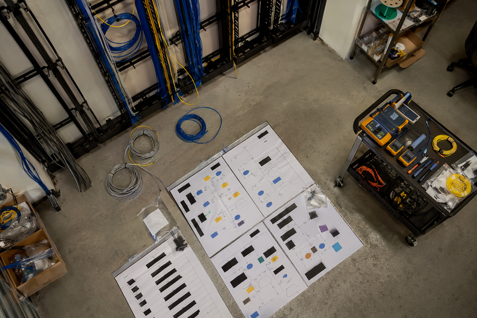 Staged network mapping operations room with rack diagrams and cabling