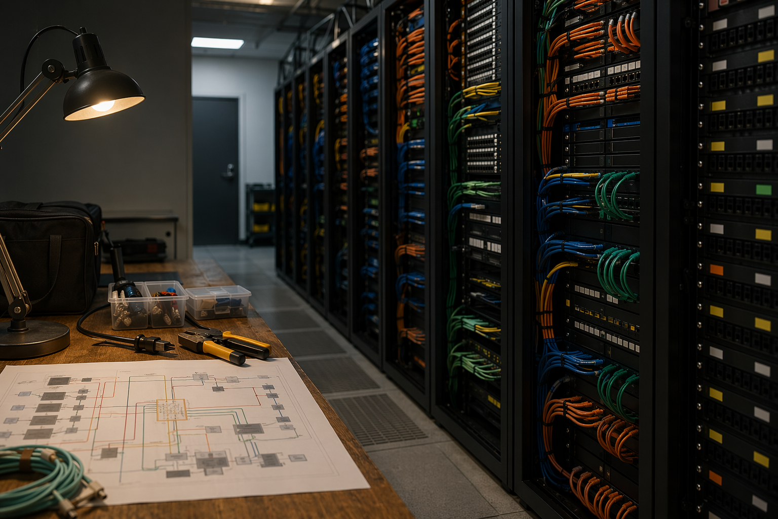Data centre racks and coloured cabling illustrating what is security theatre