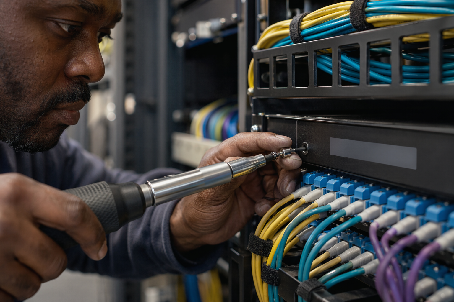 Close-up of technician hands maintaining rack patching and cabling