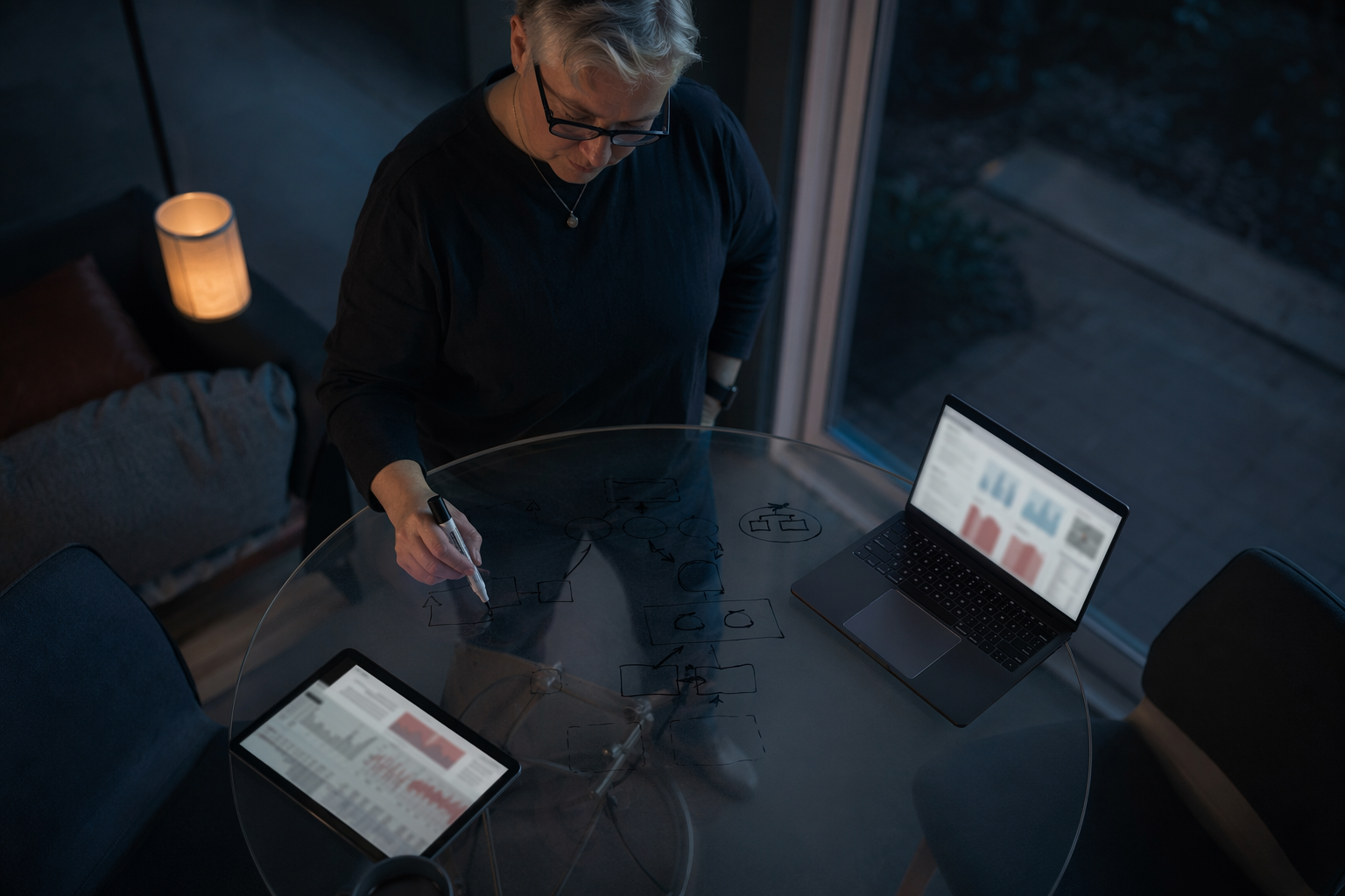 Platform engineer in alcove assessing cloud dashboard and controls