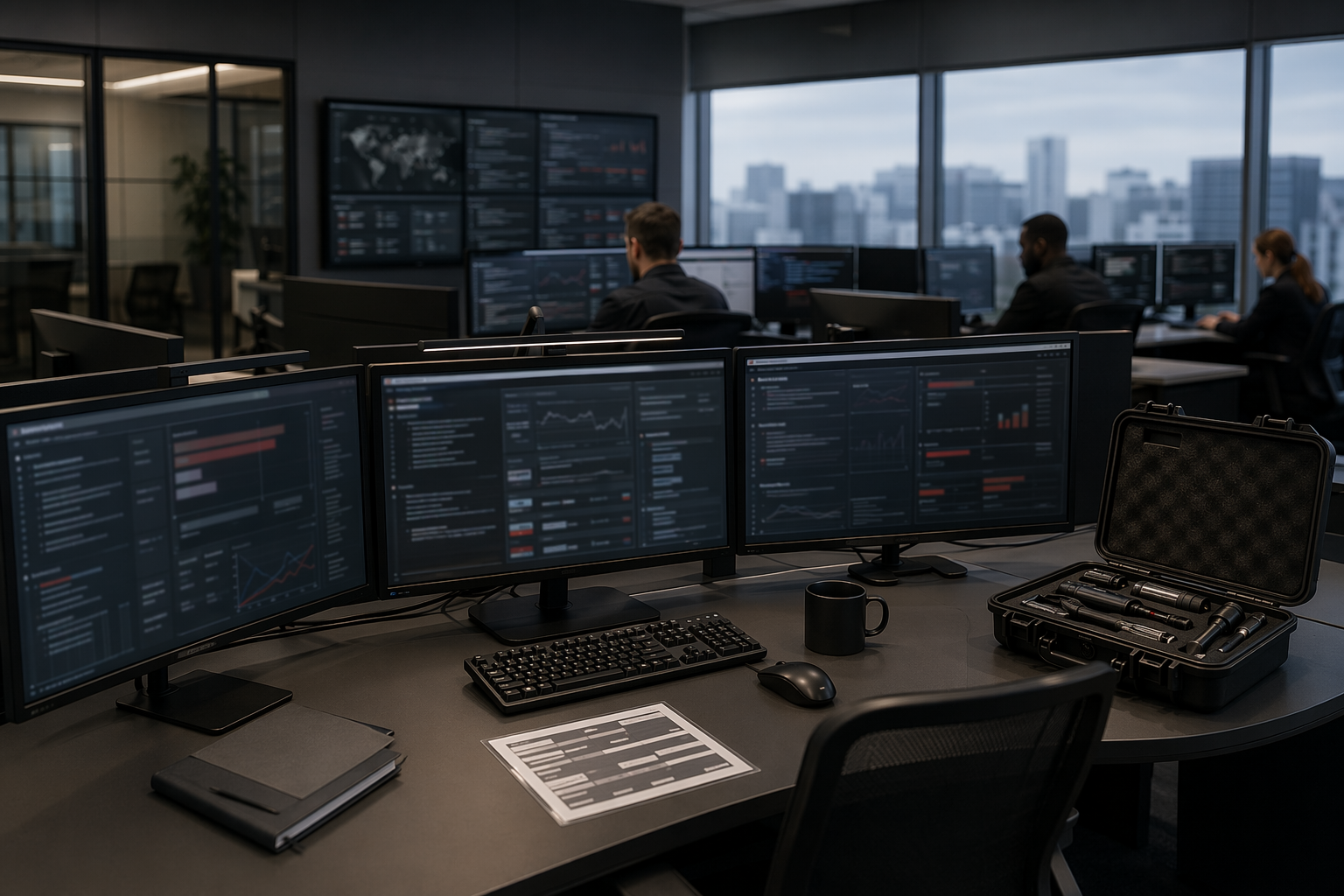 SIEM consoles and abstract dashboards illustrating a vulnerability scan process