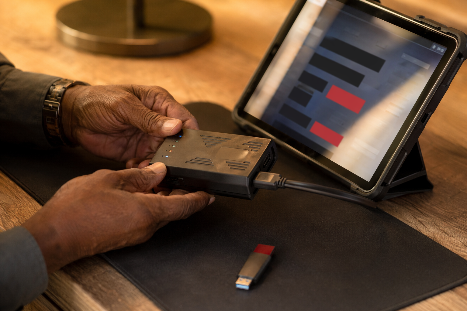 Close-up hands and tools representing a vulnerability scan workflow