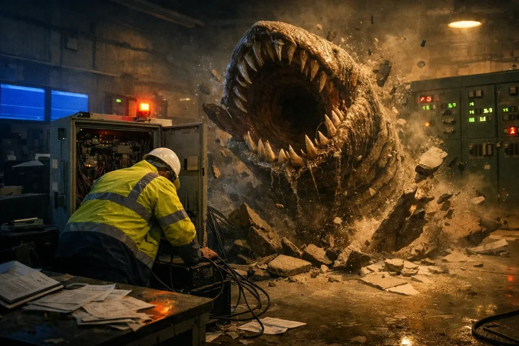 Engineer urgently inspects industrial control cabinet in a dim UK substation after a cyber breach.