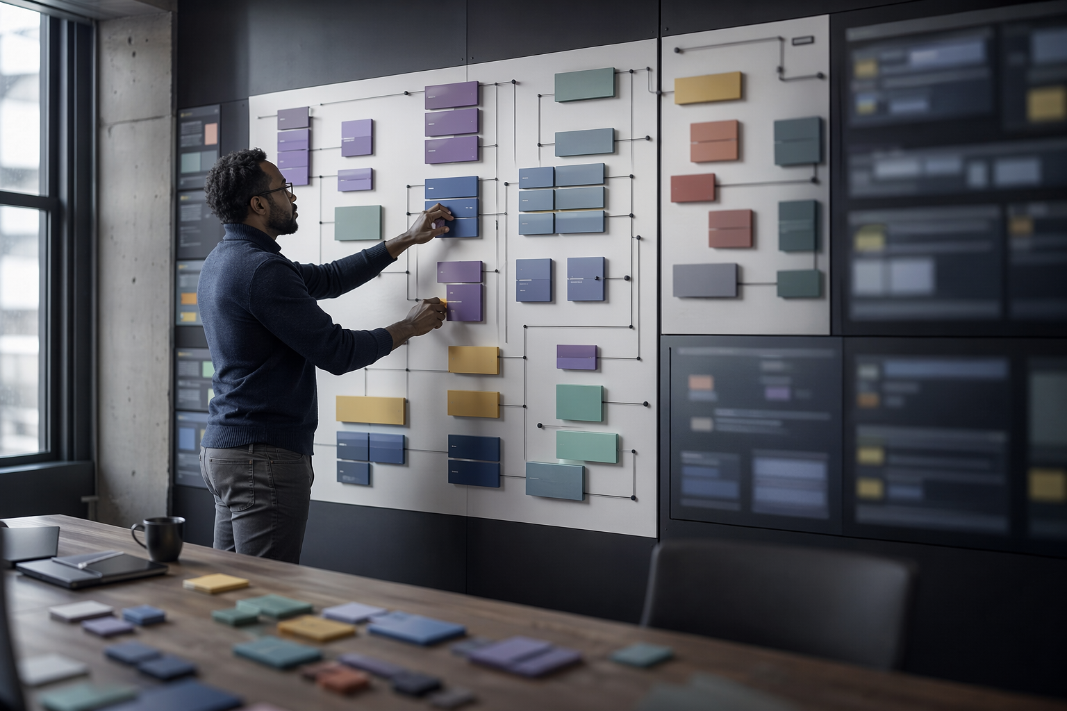 Architect arranging cloud network segmentation tiles illustrating cybersecurity standards